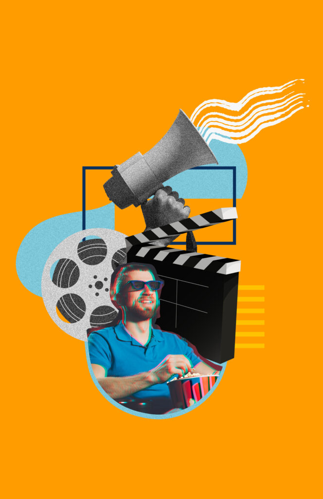 collage about movie time with man megaphone